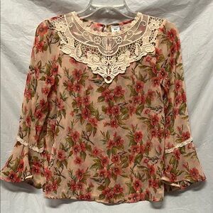 LC Lauren Conrad Pink Floral Lace-Yoke Blouse